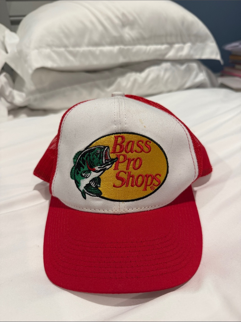 Bass Pro Shops Red & White Mesh Fishing Cap with Embroidered Bass Logo